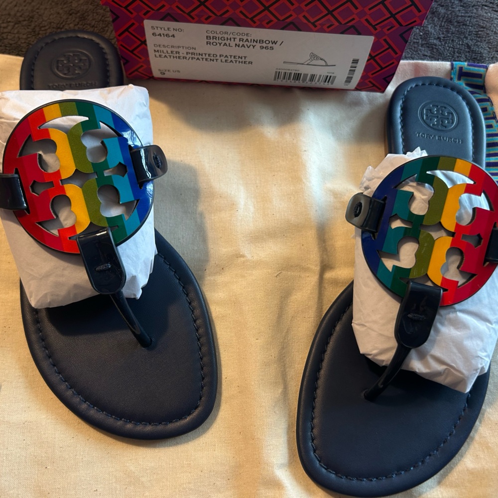 Tory Burch Bright Rainbow Miller Printed Patent Leather Sandals